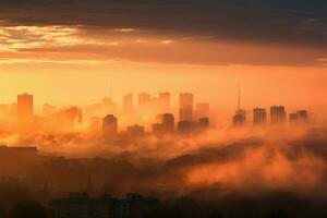 City veiled in fog as the sun sets in the background AI Generated photo
