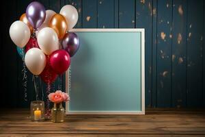 vistoso globos y blanco marco en azul de madera mesa parte superior ver Bosquejo para planificación cumpleaños o fiesta ai generado foto