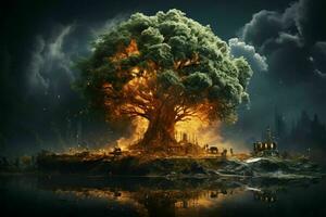 global calentamiento división escena, contaminado cabeza de árbol humano, opuesto lado verde y Fresco ai generado foto