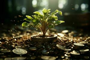 Money's roots in fertile soil, business success blossoms in nature's sunshine AI Generated photo