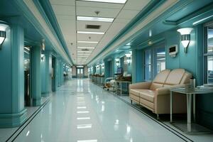 hospital corredor facilita acceso a diverso habitaciones, encarnando médico cuidado ai generado foto