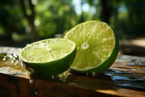 Tropical escape, a juicy lime slice on a sunlit wooden table AI Generated photo