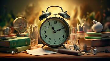 Alarm clock and books on the table. Back to school concept. photo