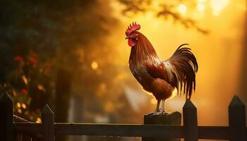 gallo en el jardín a puesta de sol foto