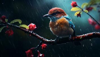 rojo garganta martín pescador sentado en un rama en el lluvia foto