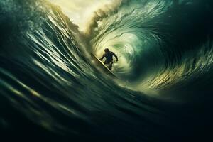 Surfer in ocean wave. Surfer in ocean wave at sunset photo