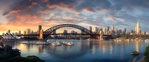 panorama de Sydney puerto puente y Sydney ópera casa a puesta de sol foto