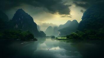 Limestone mountains and river in karst landscape photo