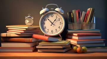 Alarm clock and books on a wooden table photo