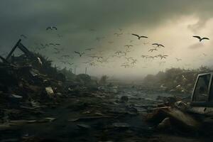 Foggy landscape with a destroyed house and a flock of birds photo