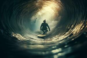 Surfer at the end of a tunnel photo