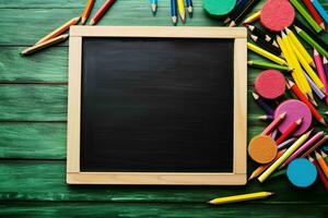 School supplies frame on wooden background AI Generated photo