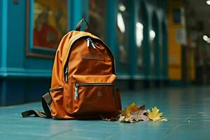 mochila en medio de un clásico espalda a colegio ambiente, simbolizando preparación ai generado foto
