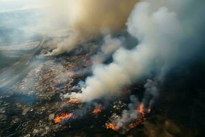 aéreo perspectiva, vertedero fuego guiones bajos prensado ambiental preocupación terminado basura ai generado foto