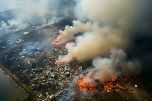 Trash fires rage in aerial view of a sprawling landfill site AI Generated photo