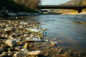 Garbage and plastic waste near the rivers edge exacerbate water pollution AI Generated photo