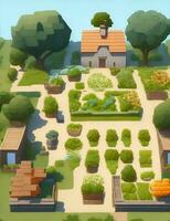 rural courtyard, orderly farmland, isometric perspective in game illustration photo