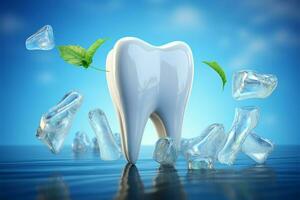 Ice cold freshness, Toothpaste ad featuring giant tooth, mint, and ice AI Generated photo