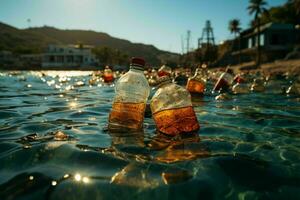 ambiental crisis, lleno de basura playa, promoviendo reciclar y limpiar esfuerzos ai generado foto