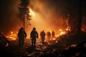 Firefighters at night, struggling to control a wild forest wildfire AI Generated photo