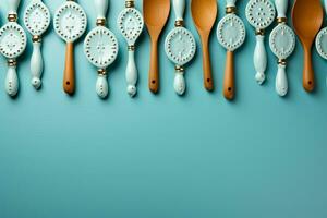 Various kitchen baking utensils Flat lay Top view, mockup for recipe on blue background AI Generated photo