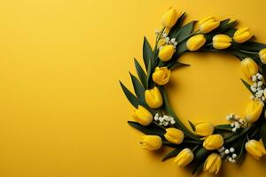 Hello Spring Tulip wreath on yellow, top-view greeting card composition AI Generated photo