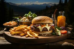 picnic deleitar, Cerdo hamburguesa con derretido queso y papas fritas, en naturalezas abrazo ai generado foto