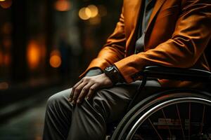 Wheelchair bound mans hand grips wheel, embodying resilience and determination AI Generated photo