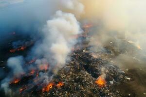 aéreo perspectiva, vertedero fuego guiones bajos prensado ambiental preocupación terminado basura ai generado foto