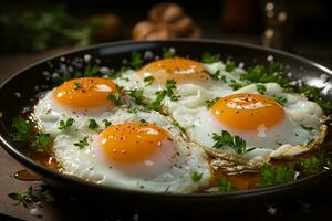 desayuno perfección, parte superior ver de fritura soleado lado arriba huevos ai generado foto