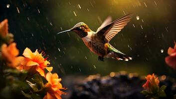 Hummingbird flying in the rain with flowers in the background. photo