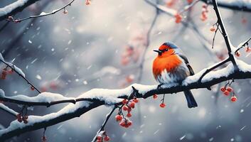 A robin bird sits on a branch covered with snow in winter photo