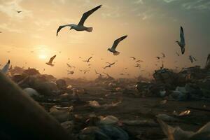 Seagulls flying in the air over a garbage dump. photo
