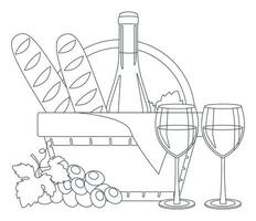 Bottle of wine, wine in glasses, baguettes, grapes and a picnic basket. Lineart, outline only. Vector graphic.