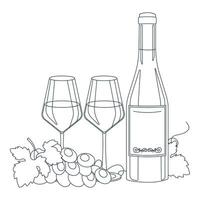 Bottle of wine, wine in glasses and grape. Lineart, outline only. Vector graphic.