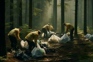 equipo de voluntarios limpieza el bosque con un basura bolso en el bosque. foto