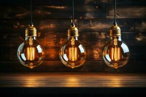 Retro bulbs, wood backdrop - innovation, teamwork, leadership - text space AI Generated photo