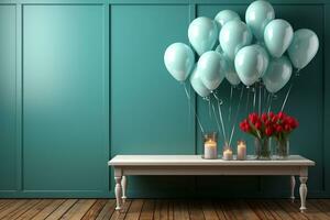 Top view mockup, colorful balloons, white frame, blue wooden table AI Generated photo