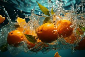 Vibrant summer vibes, mango in splash, poolside fun under the sun AI Generated photo