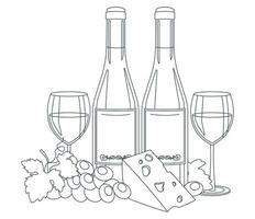 Bottles of wine, wine in glasses, cheese and grape. Lineart, outline only. Vector graphic.