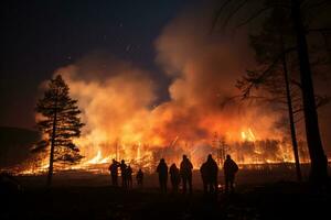 Silhouetted spectators view forest fire at night AI Generated photo