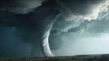 Destructive tornado funnel, natural cataclysm disaster. AI generated. photo