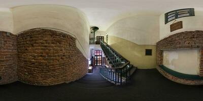 full seamless spherical hdri 360 panorama view in interior of empty corridor in entrance with old loft staircase in equirectangular projection. VR content photo