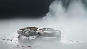 Two engagement wedding ceremonial gem rings, cloudy white smoky background. AI generated. photo