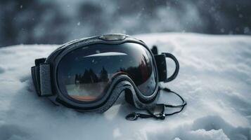 Ski goggles on snow closeup, mountain background. Active recreation, winter sports. AI generated. photo