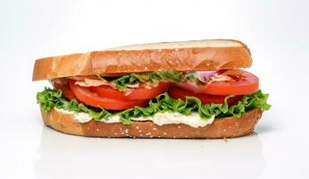 Fresh sandwich with ham, cheese, tomatoes, fast food on white background, isolate. AI generated. photo