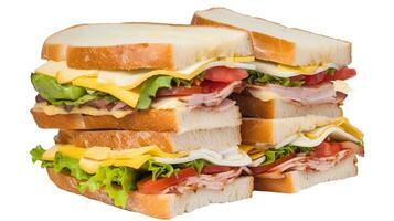 Fresh sandwich with ham, cheese, tomatoes, fast food on white background, isolate. AI generated. photo