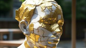 Kintsuki, Japanese ceramic head glued with gold. Concept of not constancy, imperfection of world. AI generated. photo