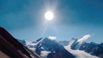 Eclipse of sun against background of peaks of snow-capped mountains at night. AI generated. photo