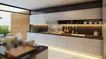 Interior design of a white kitchen in a minimalist style, light background. AI generated. photo